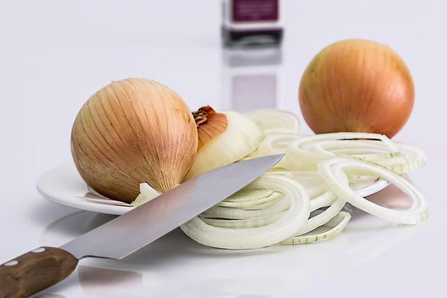 Chopped onion with knife